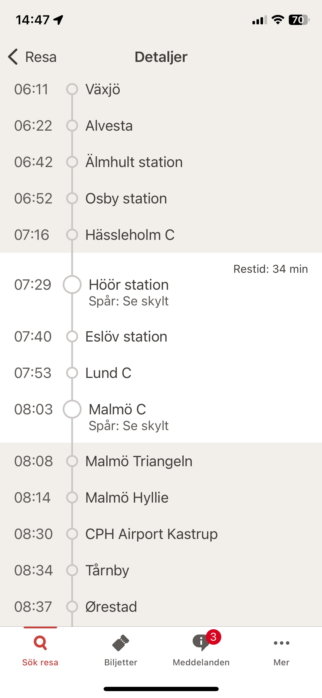 Tidstabell mellan Malmö och Höör för öresundståg på skånetrafikens mobilapp.